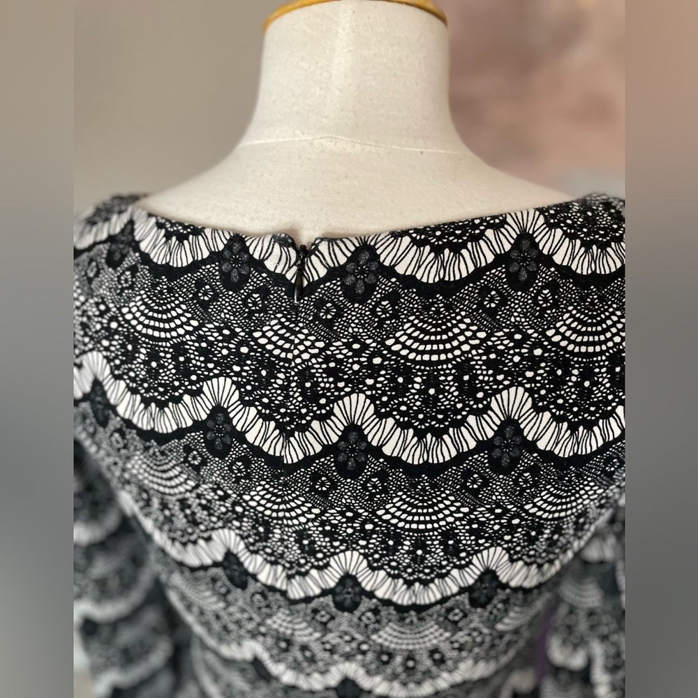 Laura Petites Black and White Scalloped Print Long Sleeve Midi Dress Size 4 - Picture 9 of 14